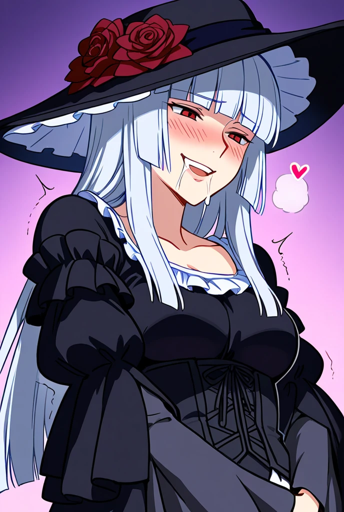  a young mage girl in medieval tavern,behind desk,open chest mage's dress and a mage's hat,silver low long hair,big breasts,drunk face,gaze to me with fever eyes,emotional heart effects,star sticker on her cheek and hat,
