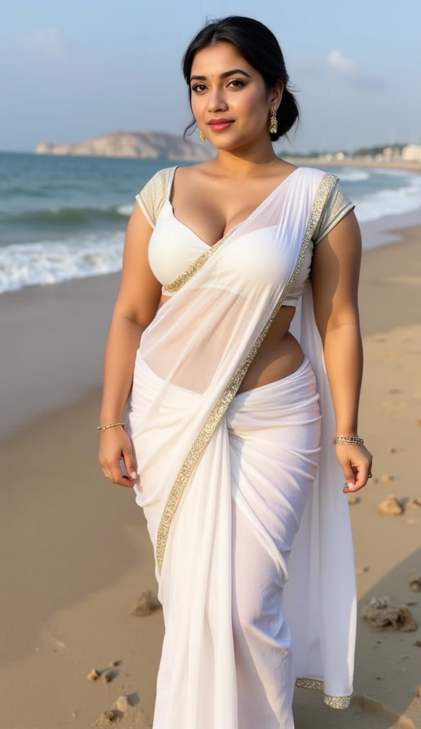 A beautiful girls smooth face full body plus size 4.5 and wearing blouse saree picture quality 8k 16k picture lighting LED, breast size large, location beach