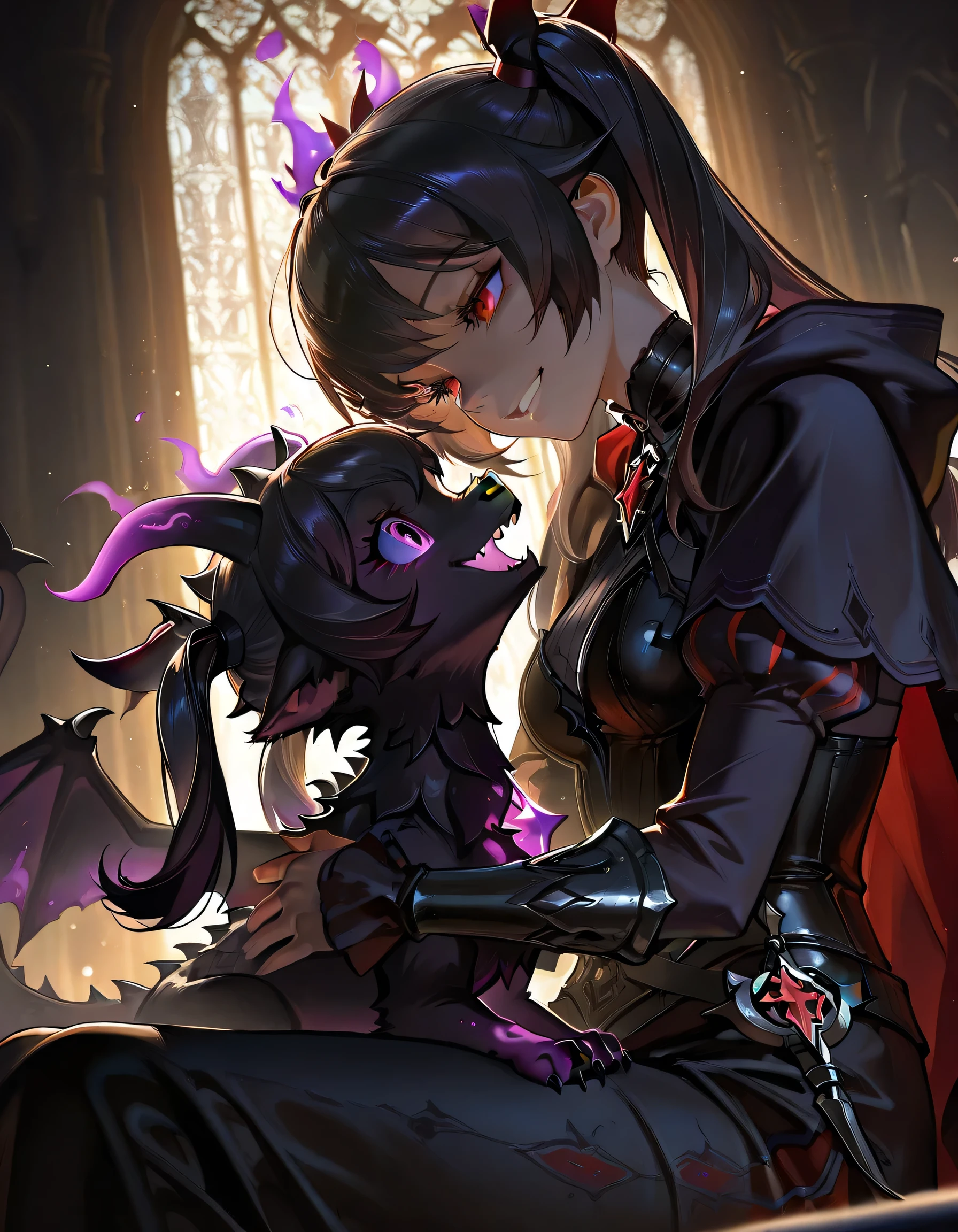 1girl,twin pony Tails, black hair,(playing with Dark baby dragon),In magical Dark castle, Dark painting color,best quality,4k,masterpiece,ultra-detailed,realistic,HDR,UHD,studio lighting, Gloomy colors,Dark fantasy landscape,whimsical,magical,enchanted,Last Boss Aura,Dim light, dark mystical atmosphere,sharing a happiness, dynamic view, heartwarming, masterpiece, Sharp focus, HD, depth of field,big smile, sitting,Arrogant face,