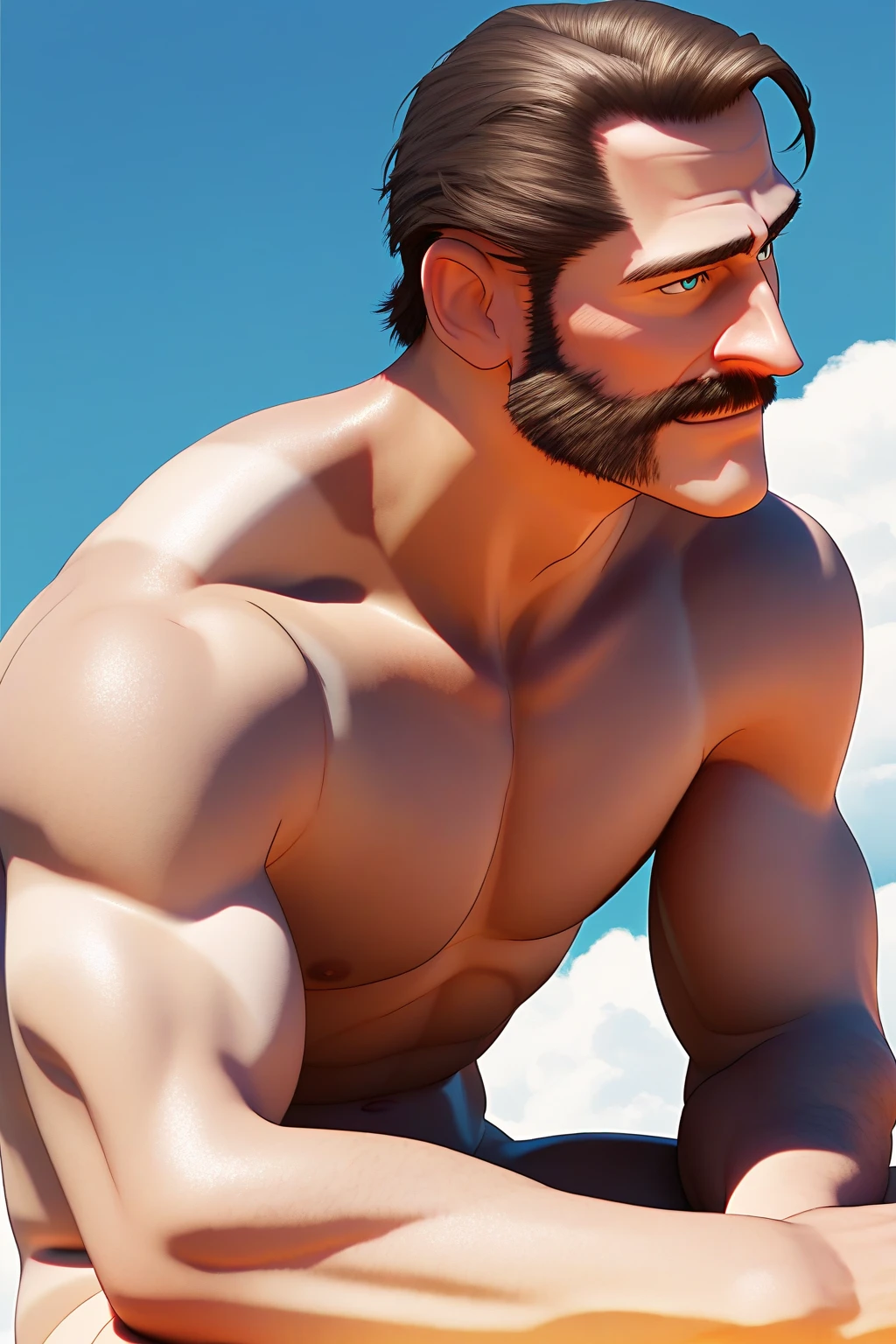 muscular nude man, detailed anatomy, beautiful red rose, photorealistic, hyper detailed, cinematic lighting, dramatic shadows, chiaroscuro, Renaissance style, glowing skin, realistic skin texture, highly detailed face, piercing eyes, intricate details, lush environment, moody atmosphere, natural lighting, vibrant colors
