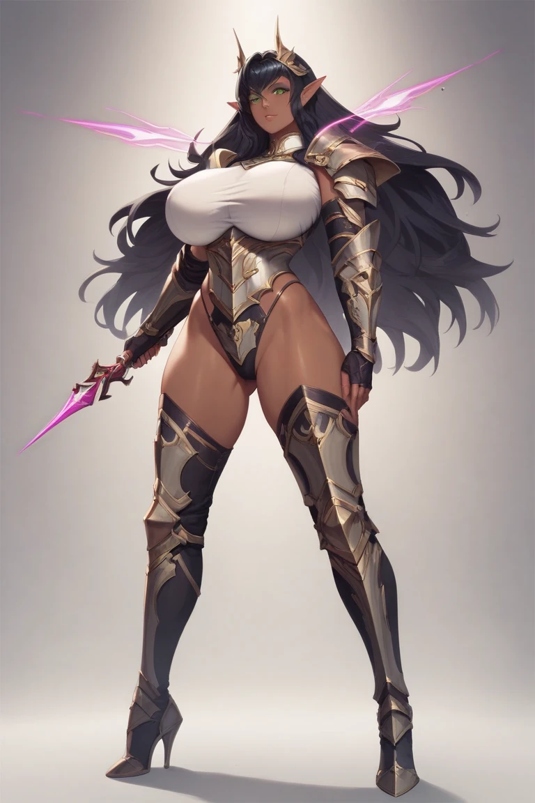 (masterpiece), (best quality), (high detail), (realistic,) woman of dark race, dark background, full body, with black legs and arms, dark elves.