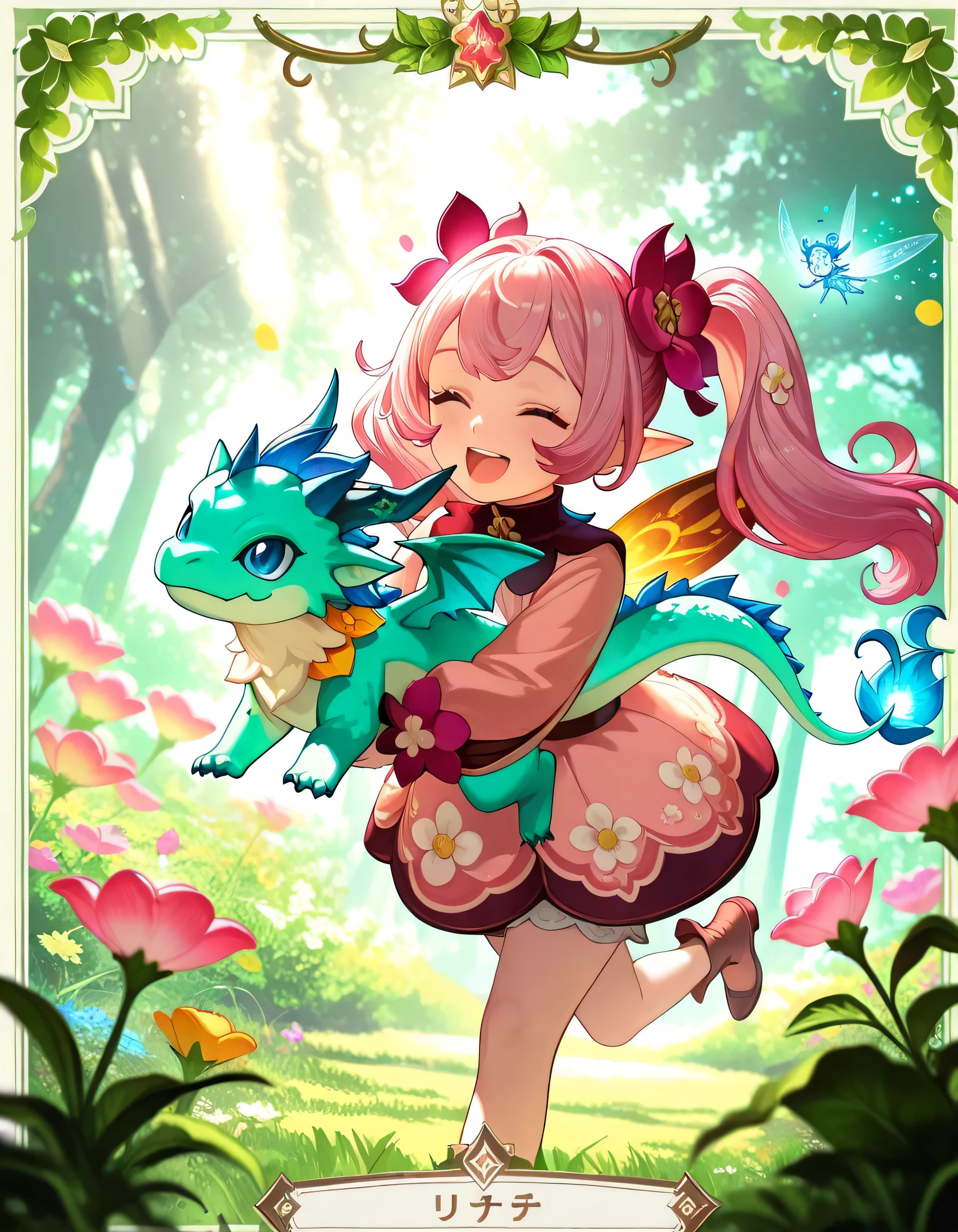 1girl,twin pony Tails,pink hair,(playing with baby dragon),In magical meadow, pallete color,best quality,4k,masterpiece,ultra-detailed,realistic,HDR,UHD,studio lighting,vivid colors,fairy fantasy landscape,whimsical,magical,enchanted,lush greenery,colorful flora,glowing light,mystical atmosphere,sharing a happiness, dynamic view, heartwarming, masterpiece, Sharp focus, HD, depth of field,big smile, running, happy face,(Trading card games), sign,(Power 800),