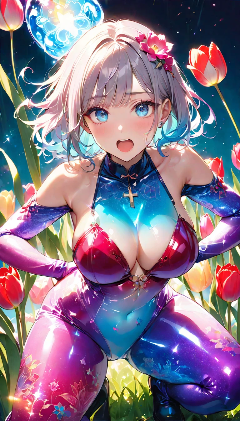 ((paw pose:1.4)、(Upper body only:1.2).(spread pussy:1.3)、(Sunset:1.3)(nsfw:1.5).(huge breasts:1.1)(Transparent rainbow sexy leotard with glitter:1.3)..Anime holographic silver hair white ribbon, , Beautiful character drawings, , Stunning anime face portrait handsome royal sister wolf ears