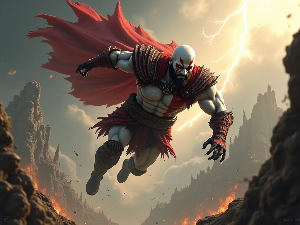 best quality,highres,masterpiece:1.2,ultra-detailed,realistic,physically-based rendering,professional,sharp focus,HDR,studio lighting,colorful,strong shadows,action-packed,kratos,omni-man,powerful,superheroes,mythology,violent, intense battle,epic fight,strength,aggression,dramatic poses,destructive forces,flaming weapons,blood and sweat,battle scars,facial expressions,heroic,superhuman abilities,intense emotions,dark atmosphere,dynamic composition,explosions,flying debris,dramatic lighting,special effects,high-impact,clash of titans,energy blasts,powerful punches and kicks,shattered environment,violence and chaos