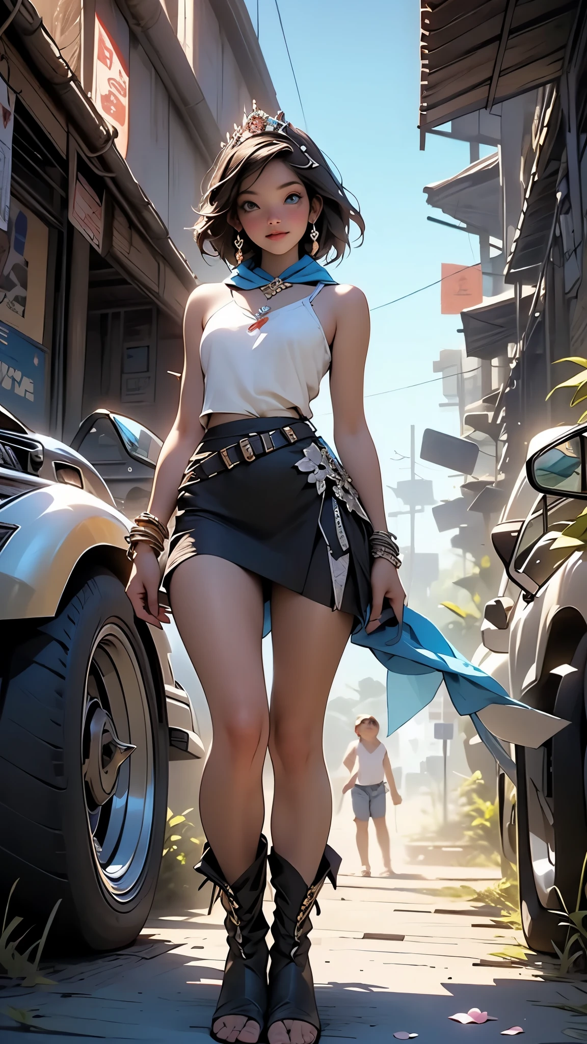 Definition of the woman's body thick thighs, Short lingerie, pechos grandes, ropa sexy y reveladora, papel tapiz, ojos azules, cuerpo entero, de pie, piernas abiertas, lasciva, labios carnosos, pelo corto, Post-apocalyptic background
