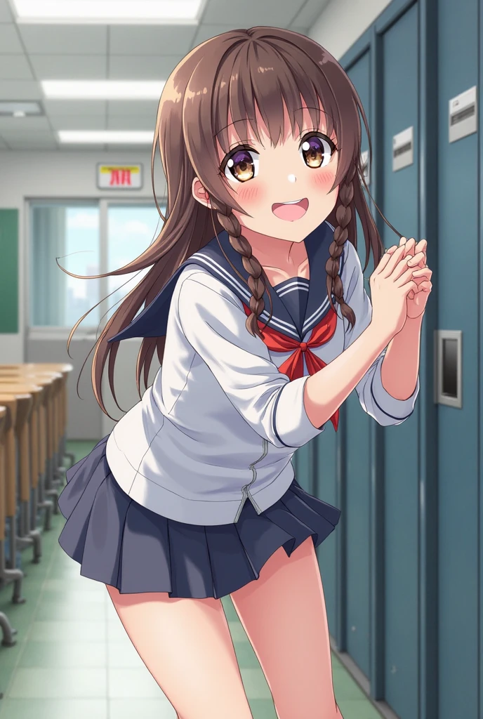 A female student in a sailor uniform is watching a physical education class in the gymnasium because she is feeling unwell