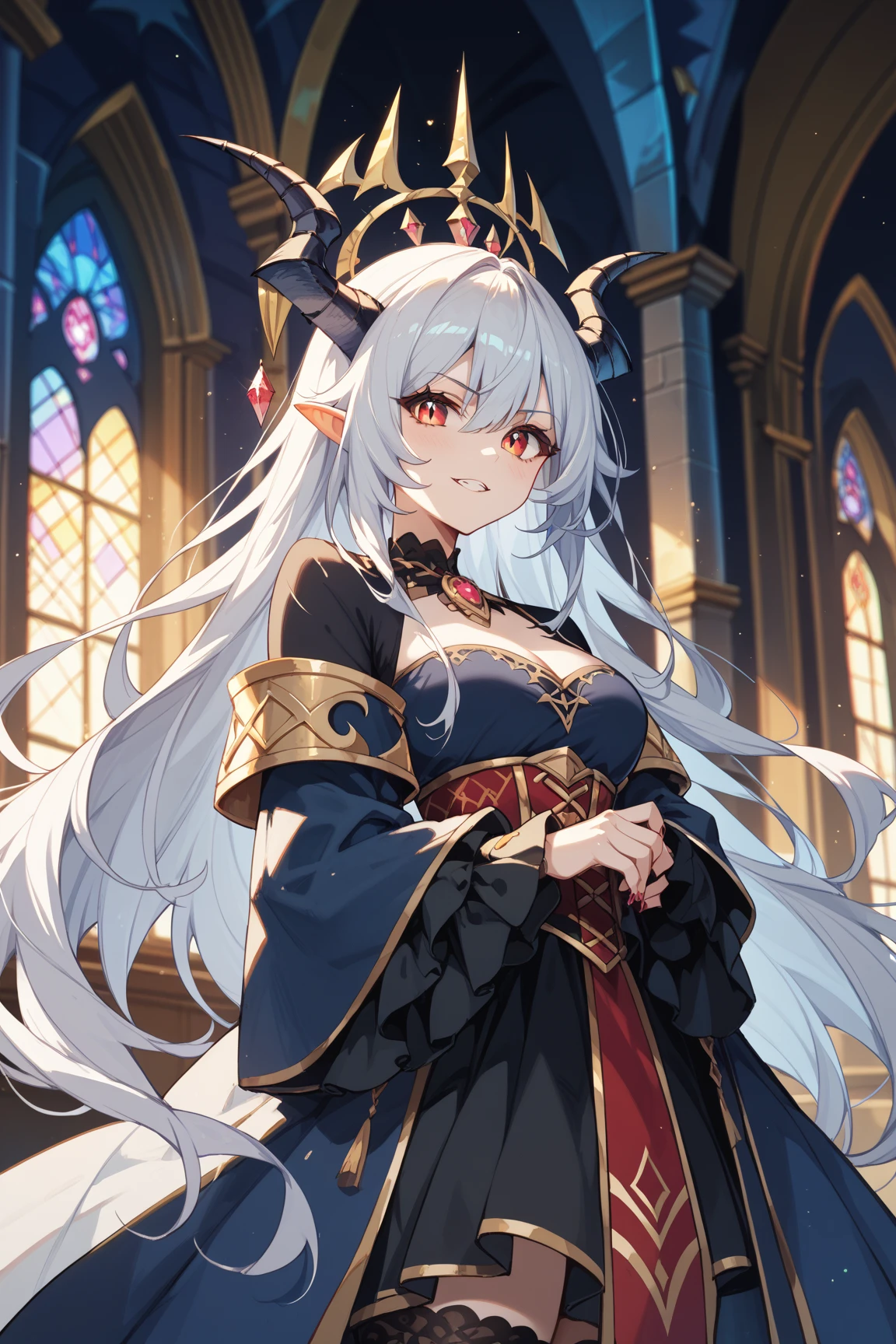 Alone, long dark blue hair, straight hair, golden eyes with vertical pupils, big breasts, high, ELEGANT DRESS, priestess, outdoor stone temple, scaly claws:1.6, scaly tail, huge horns, face close up, broad smile, Chapped lips, long and thick eyelashes, squinted eyes, Santa, white scales on arms, chalice with wine, bare shoulders, head veil, monster-girl, draconic wings, Dragon Girl
