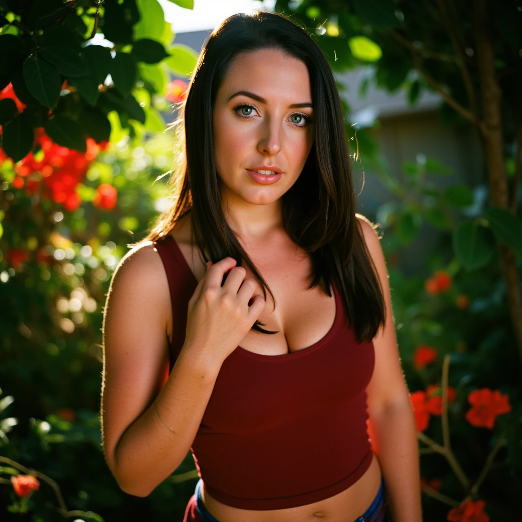 ((best quality)), ((ultra resolution)), ((photorealistic)), (intricate details) ((Glow up)) Brazilian woman, 30 years old, green eyes, perfect curves,(ultra detail) (8k) (((real life))) on a green peak taking a selfie, instagram model, ,female model, (((vesting a dress flower red))) Portrait by Sophie Mudd, cleavage, Violeta Myers, female model flawless beauty, wonderful beauty, busty, Kaitlyn Michelle Siragusa, natural make-up, looking straight at the camera, brunette goddess, high detail, satisfied pose, beautiful angle, attractive pose, Rico, best quality (((extremely gorgeous portrait))), ((glowing skin)))