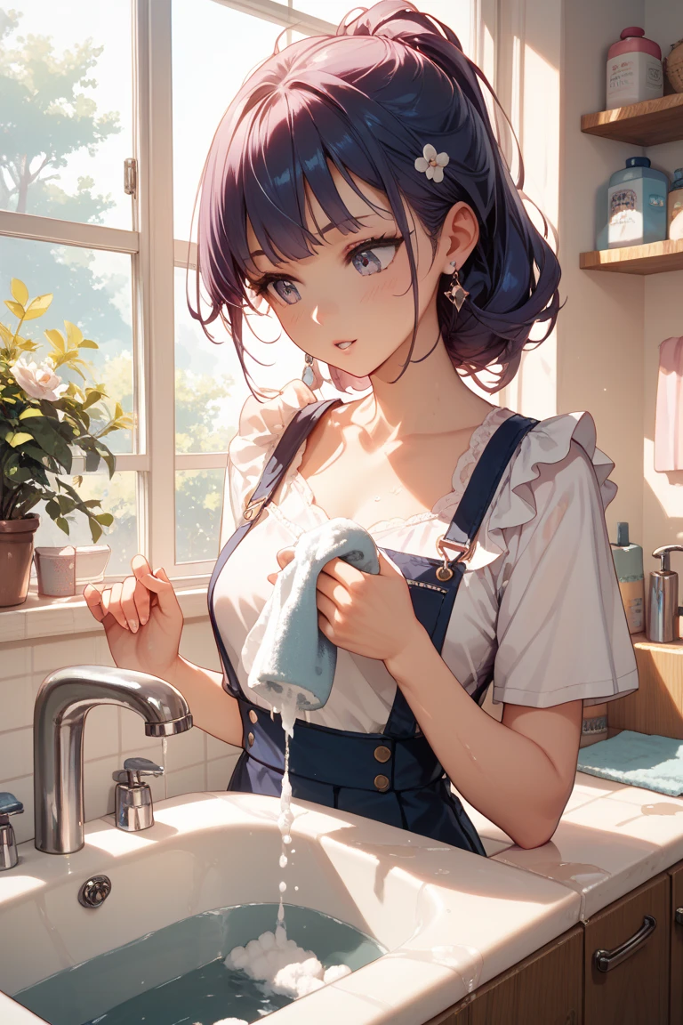 Highest Resolution,Highest quality,A crying beautiful girl in a nude apron drinking water from a plastic bottle,kitchen,Tears,Open your mouth and drool,whole body,front,Sweat profusely,Beautiful eyes,Lots of saliva,Black hair ponytail,