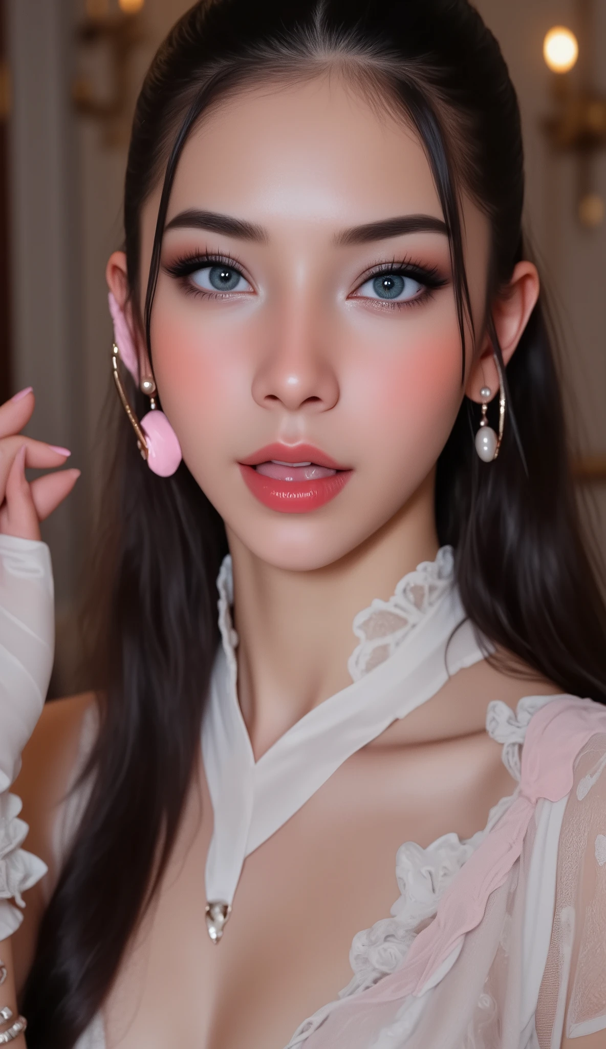 3DCG, Cute latin beauty idols, Cute latin beauty idols, open mouth, mouth drool, open mouth, drooling, heavy breathing, tongues, tongue out, r18, jk,, A striking closeup portrait of a beautiful 18 year old european woman adorned with large, almond shaped light blue eyes and winged eyeliner, long elaborately styled Black hair, she bares flawless porcelain skin. modest pearl earrings, delicate pearl necklace. Her face is seductive with dark dramatic, eyeshadow, light powder makeup, wet red lips, highlighting her sharp features and giving her an intense, enchanting aura of seduction and lust. slim bare shoulders, bare shoulders, cum drools as she gets splattered with more, squirted with kefir, kefir is flowing from her mouth, her face is squirted with kefir, kefir drops on her lips, kefir drops on her chin, kefir drops on her nose, kefir drops on her chest, kefir drops on her hips, (XLabs F.1 Realism LoRA V1), Live-Action, Real, a cute young girl, beautiful Reflective eyes, beautiful detailed lips, extremely Delicate eyes and face, long eyelashes, sensual facial expression, mouth open, (8K HDR masterpiece), Super-detailed textures, NOGIZAKA Face variations, {Platinum Blond|Liquid hair}, Professional photo,face as she orgasms from sexual gratification,Mouth open Facial expressions are,She wants to lick your dick, white milk In mouth, { (from Directly Above) | No Cartoon }., What if Kristina Pimenova (a very beautiful girl) had been a latin idol in her hood? The whole world would agree that she was cute, intricate detailed idol costume, intricate detailed Short white and pink ruffled dress, white knee-highs, Ruffled bangles, ruffled arm rings, scarf, gloves, Headset with pink microphone, In a concert hall, Luxurious staging, professional lighting, high contrast, high saturation.,Natalie R.,Immeasurable Beauty Girl,Angelic Beauty,Attractive Girl,Pretty Girl,Cute Girl,Kawaii Girl,Sensual Girl,Sexy Girl,Hot Girl,luxury style,1girl
