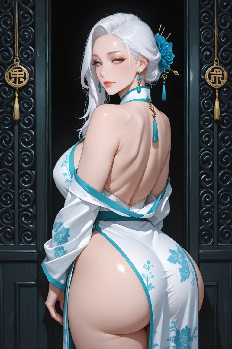 unparalleled masterpiece, ultra realistic 8k CG, perfect artwork, ((perfect female figure)), white hair, red eyes, mature female, milf, narrow waist, chinese deity, looking at viewer, seductive posture, sexy pose, alluring, clean, beautiful face, pure face, pale skin, absurdly long hair, (huge breasts, nsfw, breasts out, puffy nipples), shiny skin, skindentation,delicate pattern, intricate detail, (rich:1.4), (extremely detailed 8K chinese long embroidery silkrobe and silk long clothes and dress:1.2),slim body
