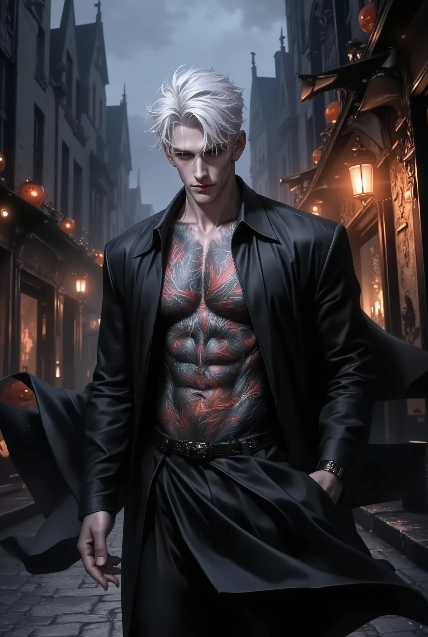 masterpiece, highest quality, (solo focus), (perfect face:1.1), (high detail:1.1),dramatic, 1guy, (pale skin), long white hair, white eyes, [light eyebrows], solo, long hair, moon, night, white luxury suit, covered navel, pouty lips, (beauty marks),  palace, detailed background, art by artgerm and greg rutkowski,  cinematic lighting, roses, suggestive