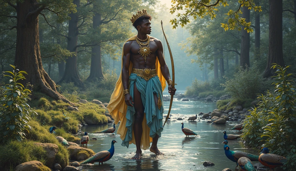 black-skinned male, short-hair, with a crown of herbs on her head, supported only on one leg, in one hand he carries a small 7-pointed tribal spear, at the waist several gourds hanging like a belt, smoking a sacred ritual pipe, dressed only in leaves and herbs, that involves the waist and chest, calm demeanor, pure and distracted, looking at the trees, a beautiful bird accompanies him like a faithful friend, Ele está localizado em uma flowersta virgem, richly adorned with many species of plants, Trees, climbing vines, flowers, all with great healing power, a great atmosphere of joy and protection is in the air, a stream in the distance.