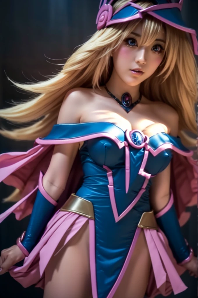 1 girl, realistic, dakimakura, Dark Magician girl cosplay, latex outfit, pink high heel boots, standing up, blonde long hair, Best quality, masterpiece,