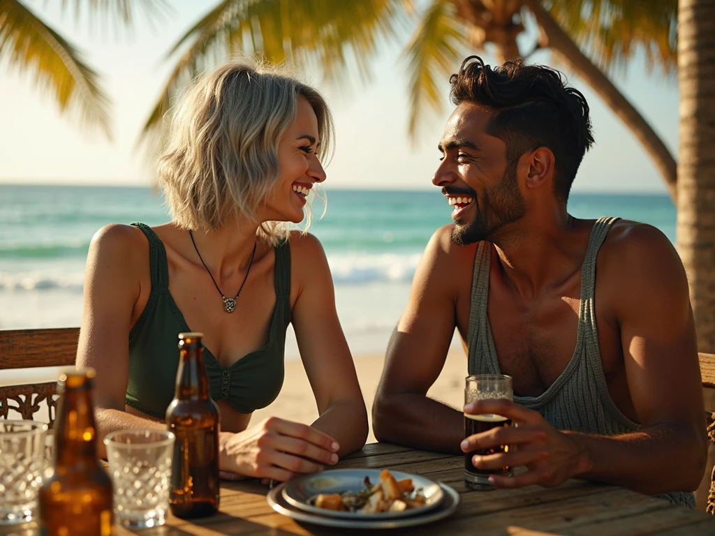 Realistic Man and Girlfriend 25-35 years old, in Portugal blonde hair brown eyes eating acai in a bowl , with friends Ultra HD, high qualiy, best qualityer, high resolution, 8k, 16K