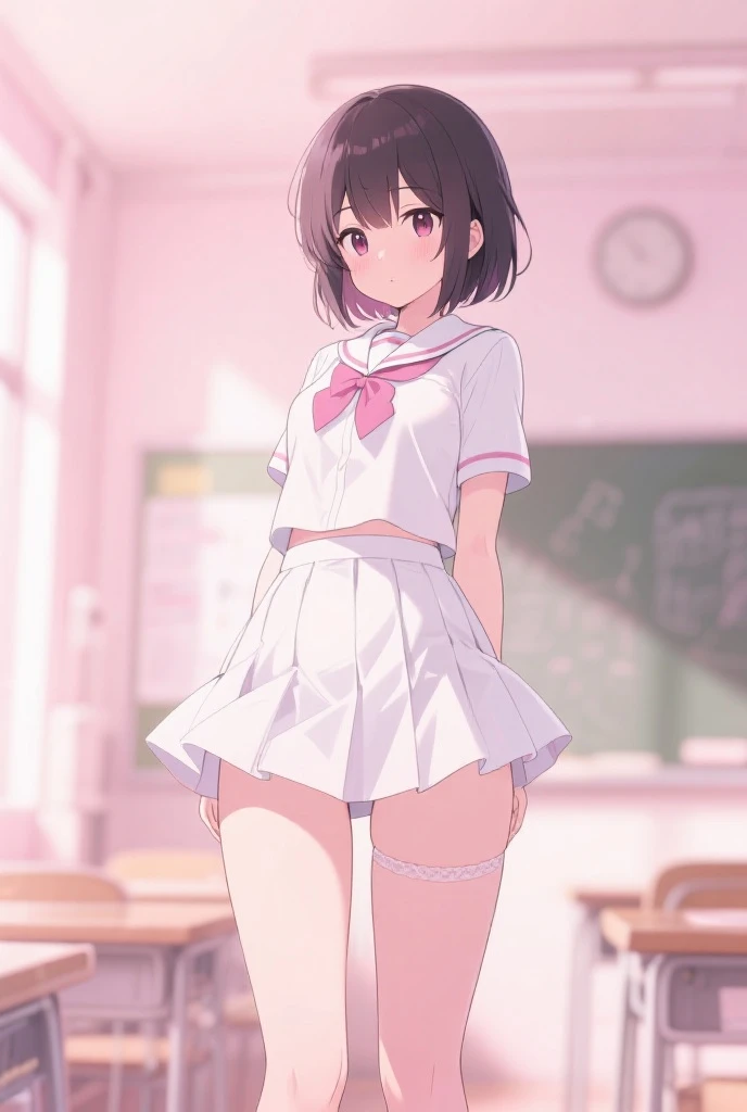 (((masterpiece, Highest quality, High resolution, 超High resolution, Pixel perfect, Written boundary depth, 4K, RTTX10.0))), Beautiful Anime Woman, Beautiful art style, Anime characters, ((Smooth texture, Realistic texture, Anime CG style)), Exact finger count、Exact number of legs、(Exact number of arms:1.0, Exact number of hands:1.0), (Perfect hands, Perfect Anatomy), Cinematic, Realistic, Highly detailed CG, Daytime lighting, Perfect lighting, Best Shadow, The best natural light, whole body, Perfect body, (Slender body:1.2), whole body, ((bangs, Dark brown hair, Stylish and cute bob cut)), ((Cute woman shows off panties in her hands:1.3)), (Fashionable white shirt, Sailor collar, Knee-high socks, loafers, Navy pleated mini skirt:1.3), ((Sexy and cute panties, (Stylish shiny satin pink panties:1.2), Side tie panties, Small lace panties:1):1.3), (Beautiful and very large breasts:1.1), (Beautiful and thin thighs:1.3), Short torso, Feeling embarrassed, (blush:1.2), (Embarrassed expression:1.4), (In the school classroom:1.3), Angle from the front,(((Sexy see-through lingerie for women,Shiny bodysuit,Smooth and silky clothing,Trimmed combination,Lace Stockings,Erotic leash,pajamas))),((LOVE JUICE makes your underwear wet:0.4))