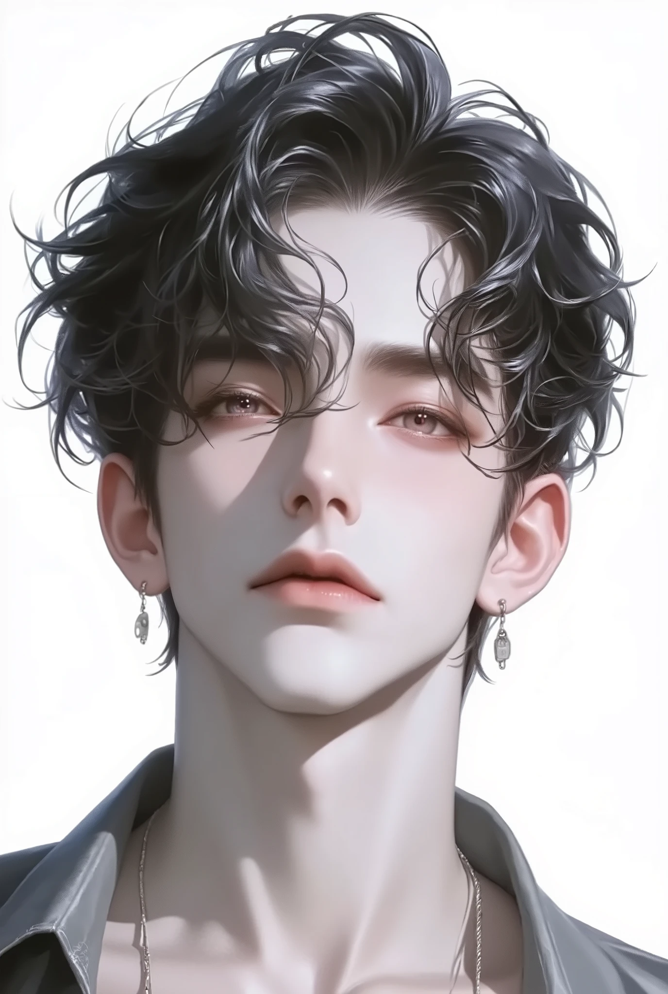 A boy, white background,stand at attention,Taking ID photos ,Korean comic style,hair, red eyes,Young and energetic, is in good shape ,Abdominal muscles, strong , is handsome, Smooth Skin, is handsome脸瓜子脸,Tattoo,wet hairstyle , Sweating,Sweating,pant,shy, charming eyes, is handsome, looking into the camera