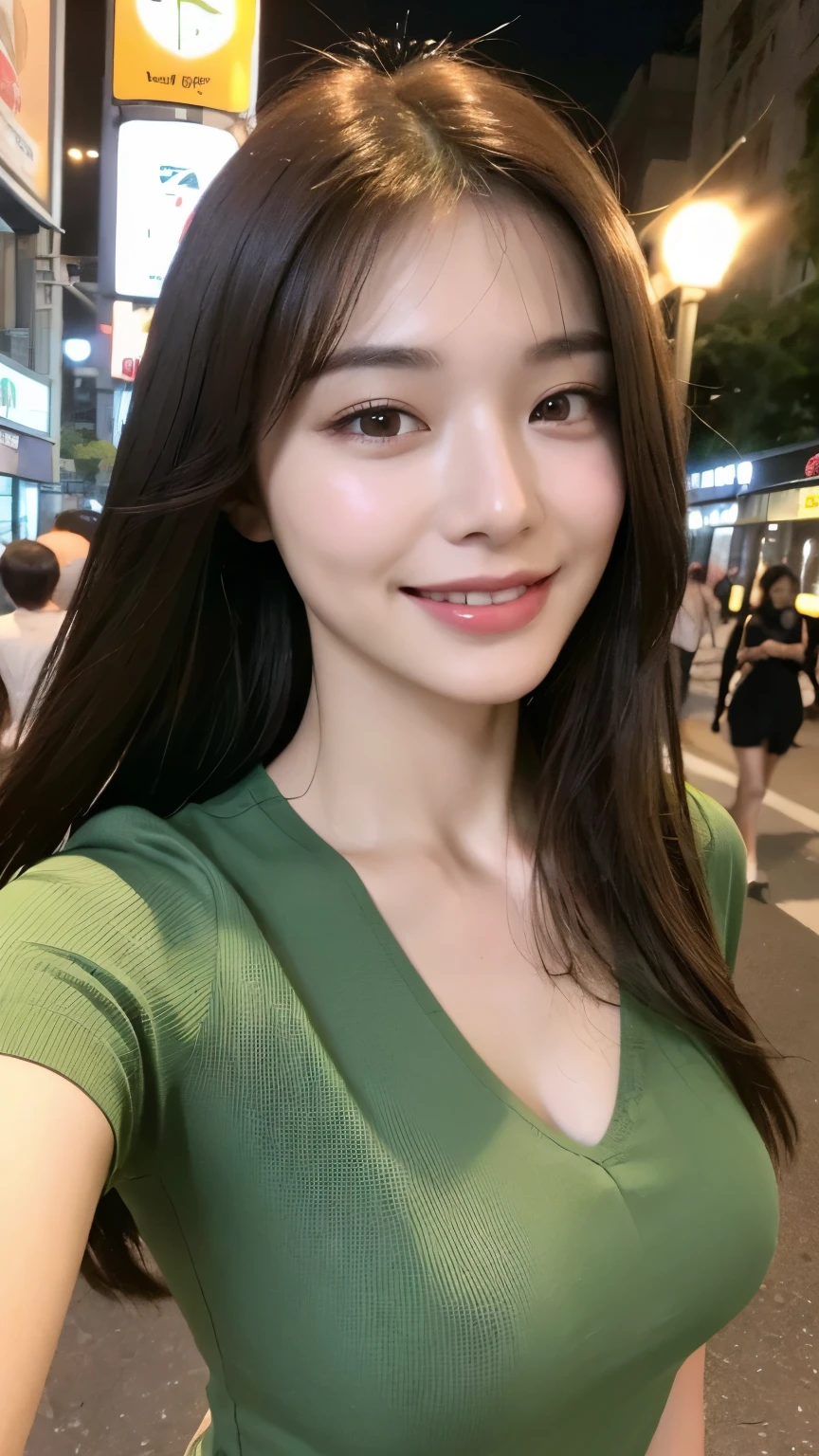 ((Best quality, 8k, Masterpiece :1.3)), 1girl, smiling, full body, slim face, Pretty woman, (Blackhair), full length dress :1.1, Ultra-detailed face, Detailed eyes, Double eyelid, blur background, slim face, city, outside, street,