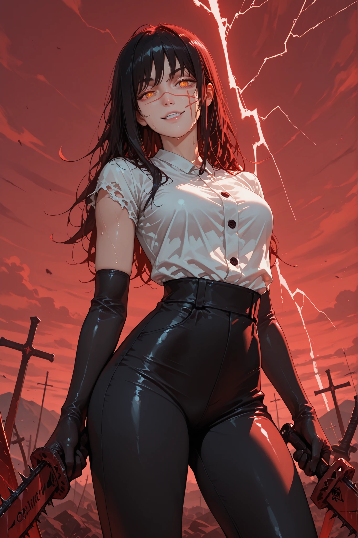 1girl, yoru (chainsaw man), scar on cheek, cross scar, long hair, black hair, yellow/red eyes, ringed eyes, seductive look, ironic smile, sweat, looking at viewer, white shirt, torn sleeves, elbow-length gloves, black gloves, tight black pants, holding a sword in his right hand, sword with red blade, standing, outdoors, reddish sky, lightning in the sky, looking at the viewer, sexy, attractive, beautiful, dynamic pose, seductive, best quality, masterpiece, ultra detailed, very aesthetic