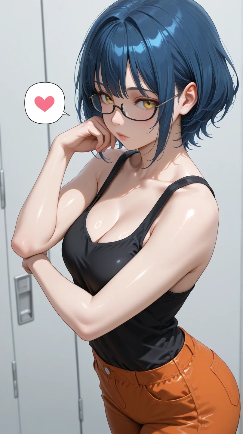 This detailed CG illustration at 8k resolution is of the highest quality and offers ultra-detailed detail. tetas con una altura de 2 y 1.00 centimeters and a thickness of 8.54 centimeters. El Messy Short Hair, personaje destaca (con su cabello azul oscuro y Azul acero y Azul regio y Azul) y (sus ojos morados y Violeta color) y Magenta, creando un contraste llamativo. Luce unas gafas y