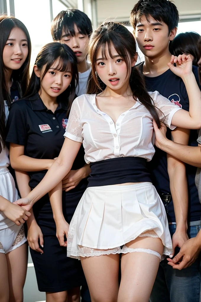 Highly detailed CG Unity 8k wallpaper, top quality, super detailed, masterpiece, realistic, photorealistic, very detailed cute girl, 20 years old, (skirt lift), (skirt lift), ((skirt lift by yourself)), black panties, panties focused, blush, parted lips, looking viewer, semi-body shot, wearing a ruffled shirt, (crowd), (crowd), dull bangs