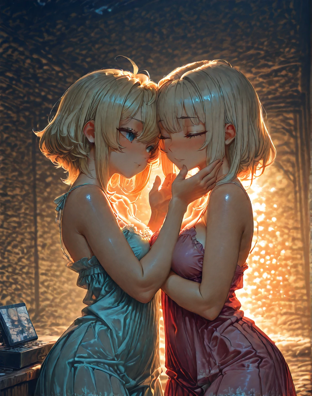 Anime, focus on face, sexy cute girl, short blondy hair, colored ambient lights, long eyelashes, cute clothes, rose eyes, day time, cute Leaning forward pose