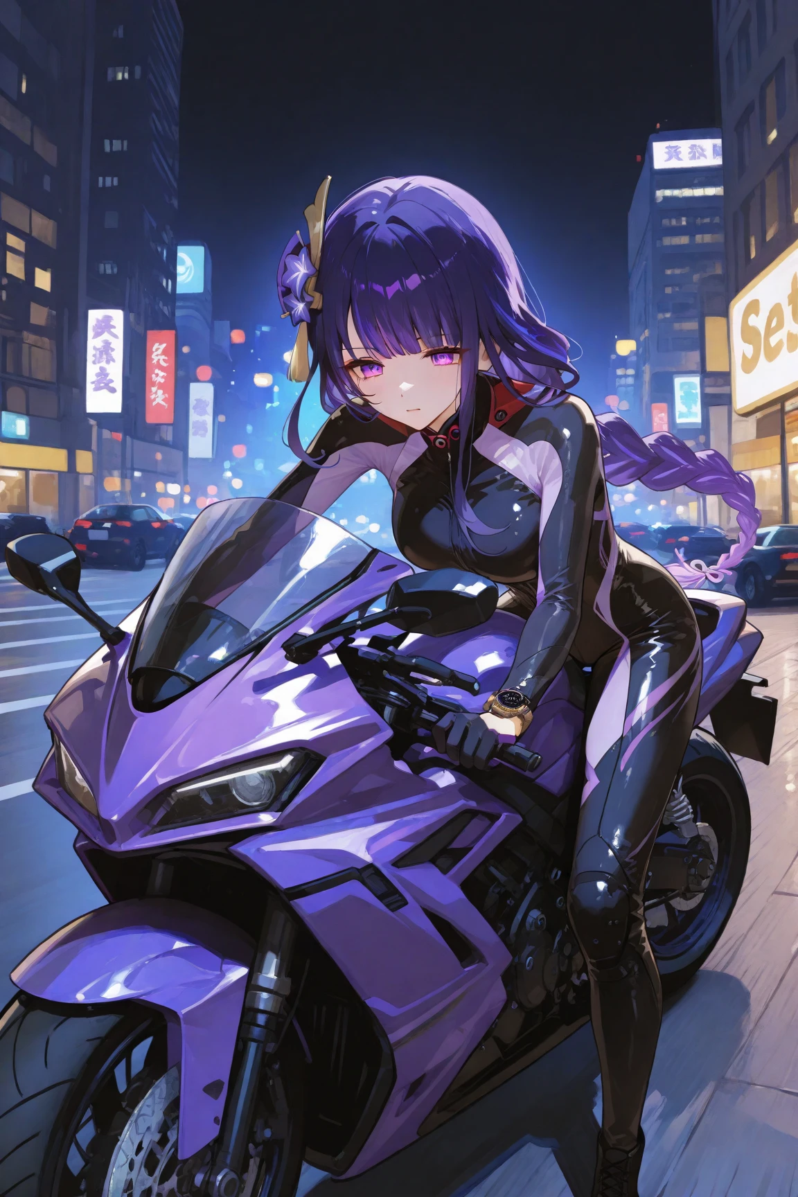 Best quality, 8k, Masterpiece, Hollywood movie style watercolor:1.3, (1 girl, very cute girl,) upper body, (half helmet with blak hair:1.3), embarrassed, tightsuit, full body suit, glossy, gloves, bigbreasts , 1girl,kusanagi motoko,koukaku, riding 1motorcycle,nightcity,neon,Cyberpunk world,
