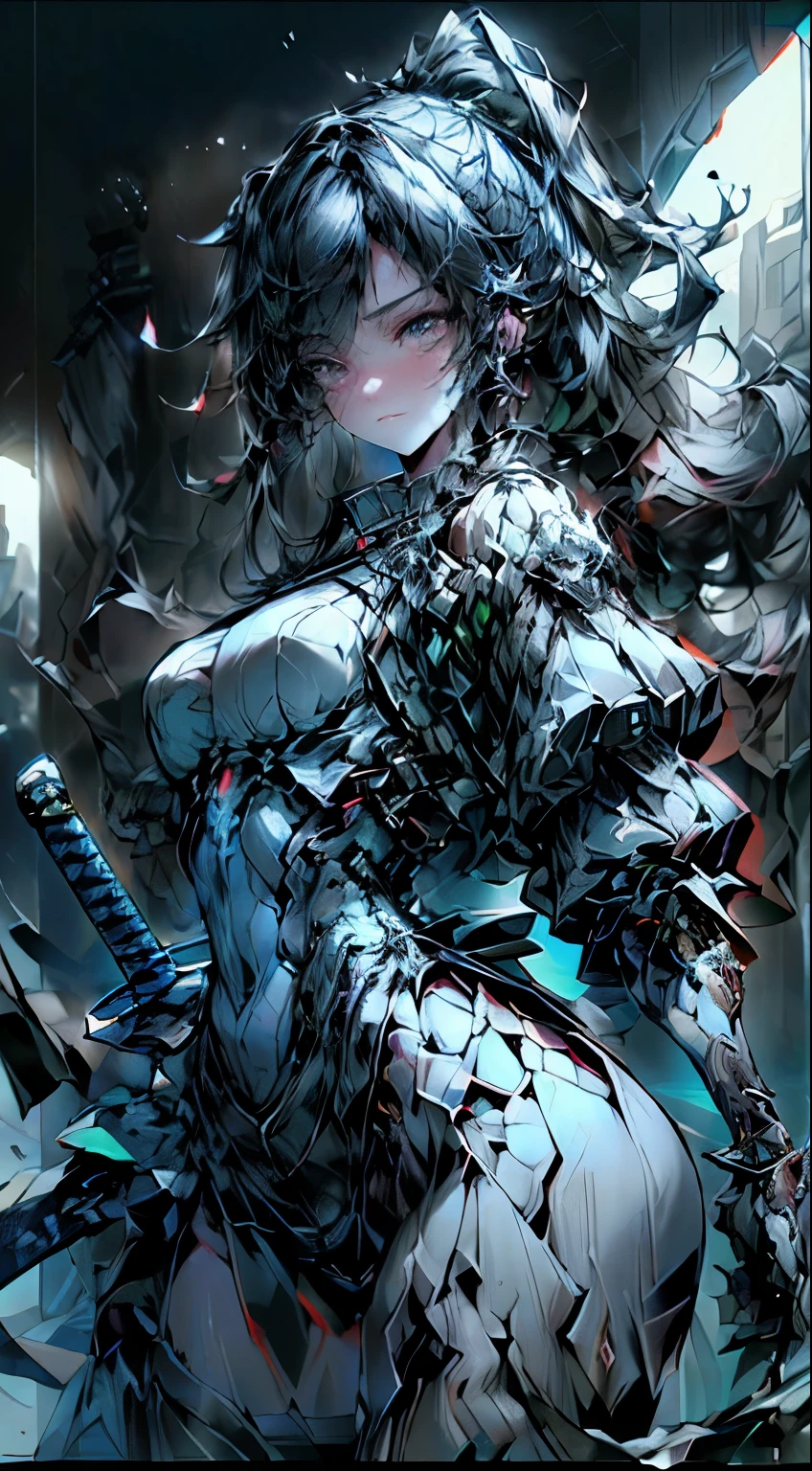 ((masterpiece, best quality, ultra detailed)), illustration, digital art, 1girl, solo, ((stunningly beautiful)), horror beauty, mature woman, perfect body, beautiful body, big breasts, beautiful face, detailed face, beautiful eyes, red eyes, short hair, white hair, dynamic pose, battle-stance ready, dynamic, <lora:mechaMusume:0.8>, mecha musume, mechanical parts, robot joints, headgear, full armor, mechanical halo, mechanical wings, fallen angel, mechanical angel, <lora:GothicHorrorAI:0.8>, gothichorrorai , <lora:more_details:1.0>, rave background, dramatic lighting, neon glow, (hdr:1.22), bloom, (ornate), intricate, hyper detailed, trending on artstation, award winning, fascinating, elegant, absurdres, highres, studio quality, 8k uhd, medium shot