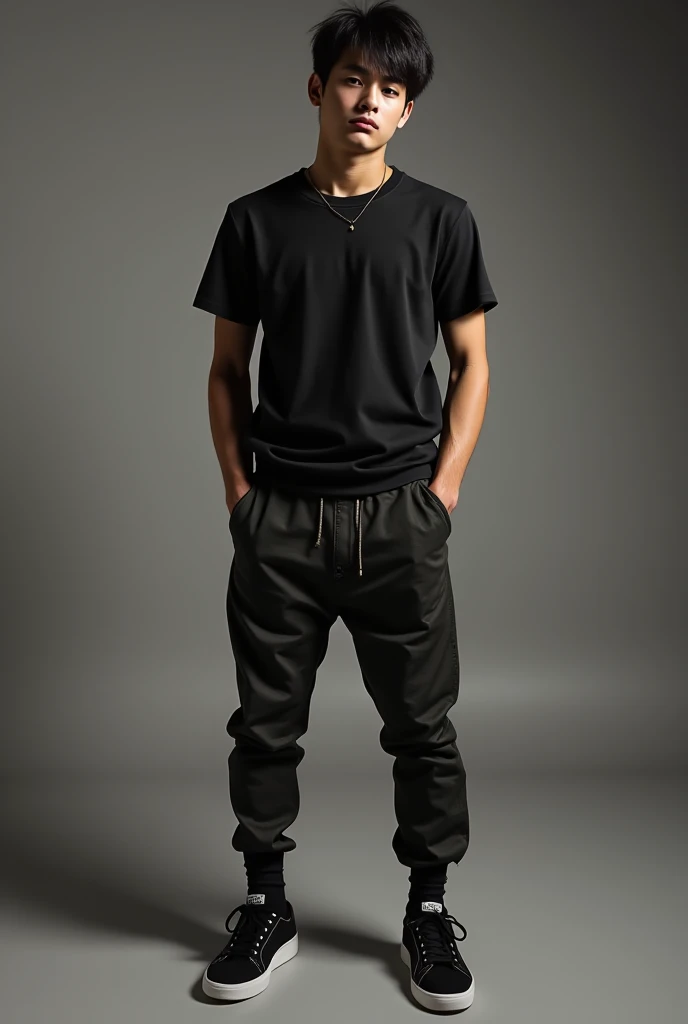 A indian young boy with curly black hairs wear a black oversized tshirt and sit on a partybox speaker here is a boack lamp stand on his left side and the boys have little taooz on his left arm with white grey dully back ground 