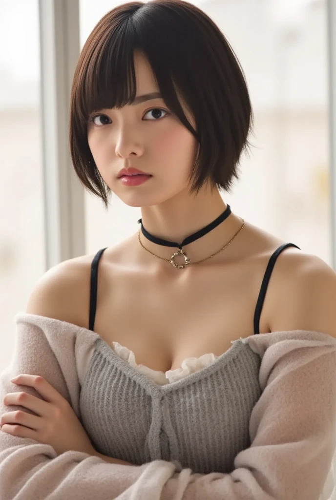(Realistic, photo-Realistic:1.37)、 (Super Detail), (((masterpiece))), Highest quality, Very detailed, Detailed Background,(Highest quality,8k,32K,masterpiece,Ultra-high resolution:1.2),((Sexy look:1.2)), ((Medium Hair,Beautiful Bangs:1.5)), positive, Professional Lighting, Flash photography, Shaded photo,((Cleavage:1.5)),((Small breasts)), (whole body:1.2), (Head to Toe:1.8), Choker Necklace, Plain gray background, (Cyclorama photo studio on a gray background:1.8),((black clothes with a wide open chest:1.2, Tight clothing:1.2)), ((can'Do not look directly at the nipples:1.5, Know your nipple shape:1.6))、Wet Skin, Five-fingered, Glowing Skin, Spread your legs wide,Sexy portrait of a girl、 Please show me your armpits