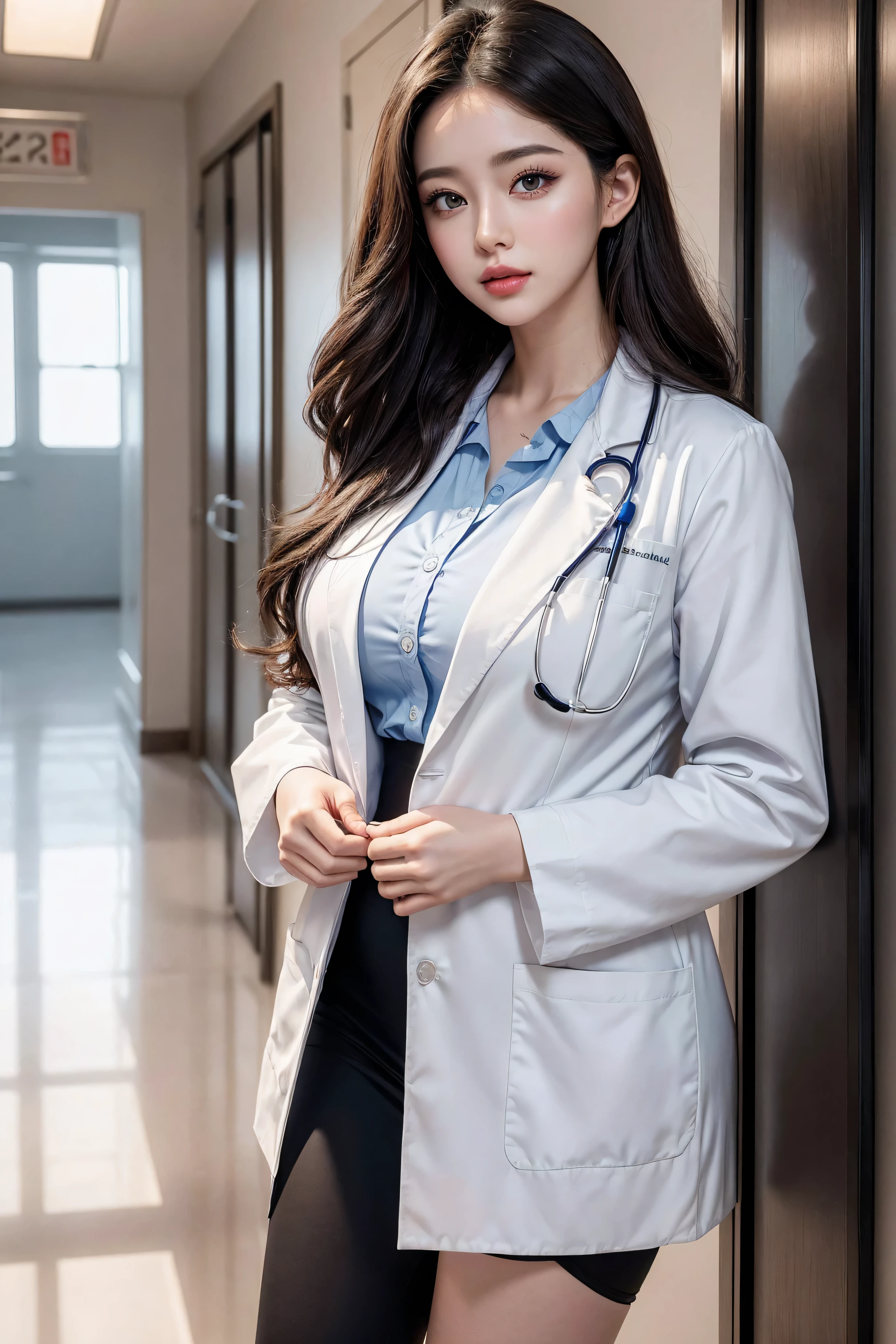 Realistic beautiful doctor、Stunning beauty、Doctor's white coat, Collared shirt、(Top quality、8K、32K、masterpiece、nffsw:1.3)、Ultra-high resolution,(Reality:1.4),Original Photography, Delicate face,,Beautiful hair, ((Doctor style)), , Black tight skirt、 Natural Makeup,, Full breasts、Inside the hospital, Detailed background, Perfect lighting, Depth of Field, Beautiful shadow gradient,Stethoscope ,