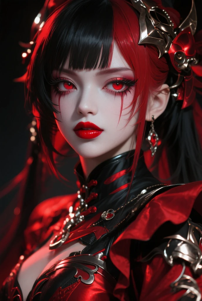 a man, black, crimson, blood, demon, bad, queen, very high quality, very high detail, high quality eyes,