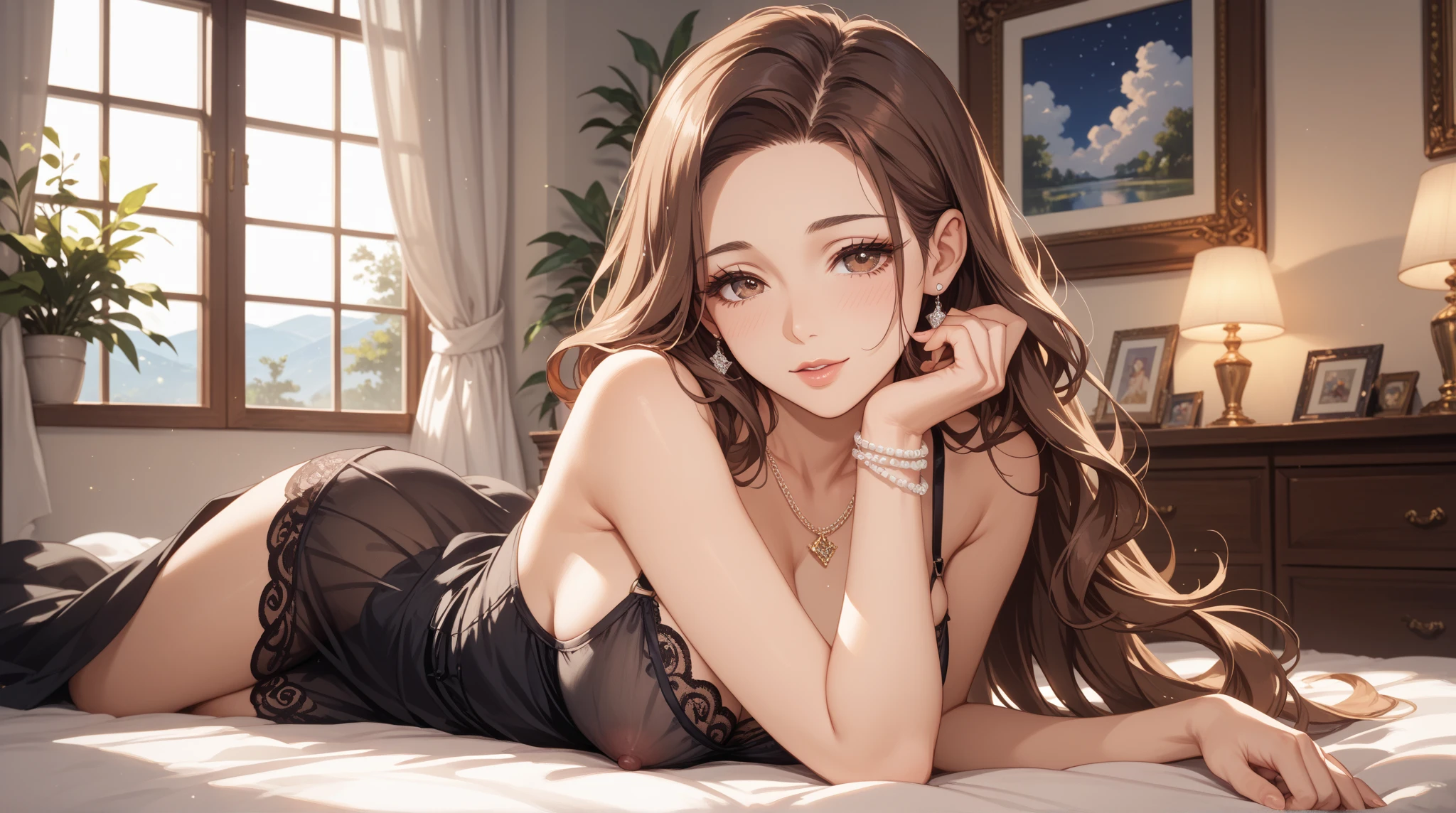 tall woman with a toned and athletic build; straight dark brown hair worn loose; green eyes; fair skin with a light scattering of freckles across the nose and cheeks; defined cheekbones and a straight nose; somewhat huge breasts; girl-next-door look; soft and cute features); in a dimly lit lounge room at night on the couch; best quality; trending on artstation; dark room with complex volumetric lighting; strong shadows; artistic lighting; dynamic; energetic vibe; realistic skin; specular highlights; micro-textures; highly detailed hair; no panties; incandescent lighting; heavy blush, reclining naked on a couch