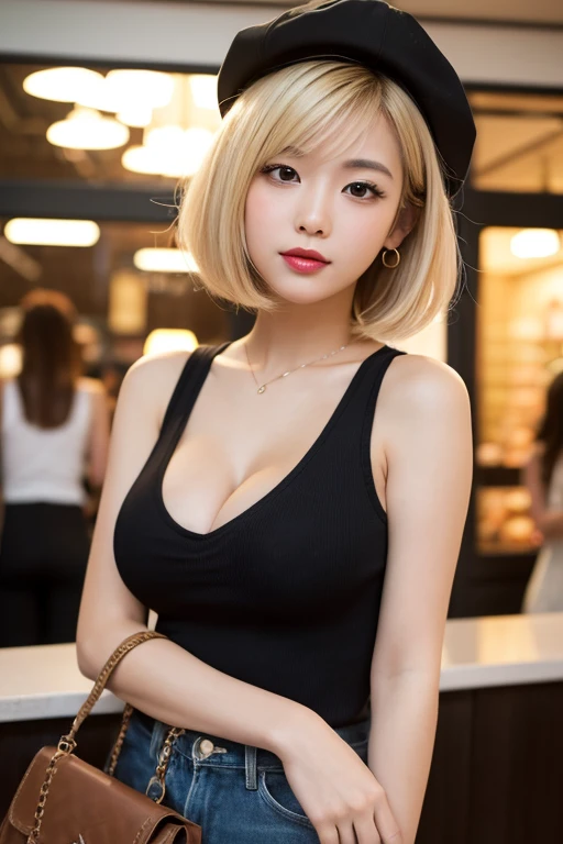 (8k, Original photo:1.2)Detailed face and eyes,最high quality, Ultra-high resolution, Very detailed ,Intricate details  ,pretty girl , Soft cinema lighting, Very detailed,Clear focus, high quality, Blonde Hair, Bob Hairstyle,  Off the shoulder flat cut,Knitted dress, Sexy big  , Huge breasts, Saggy breasts:1.4