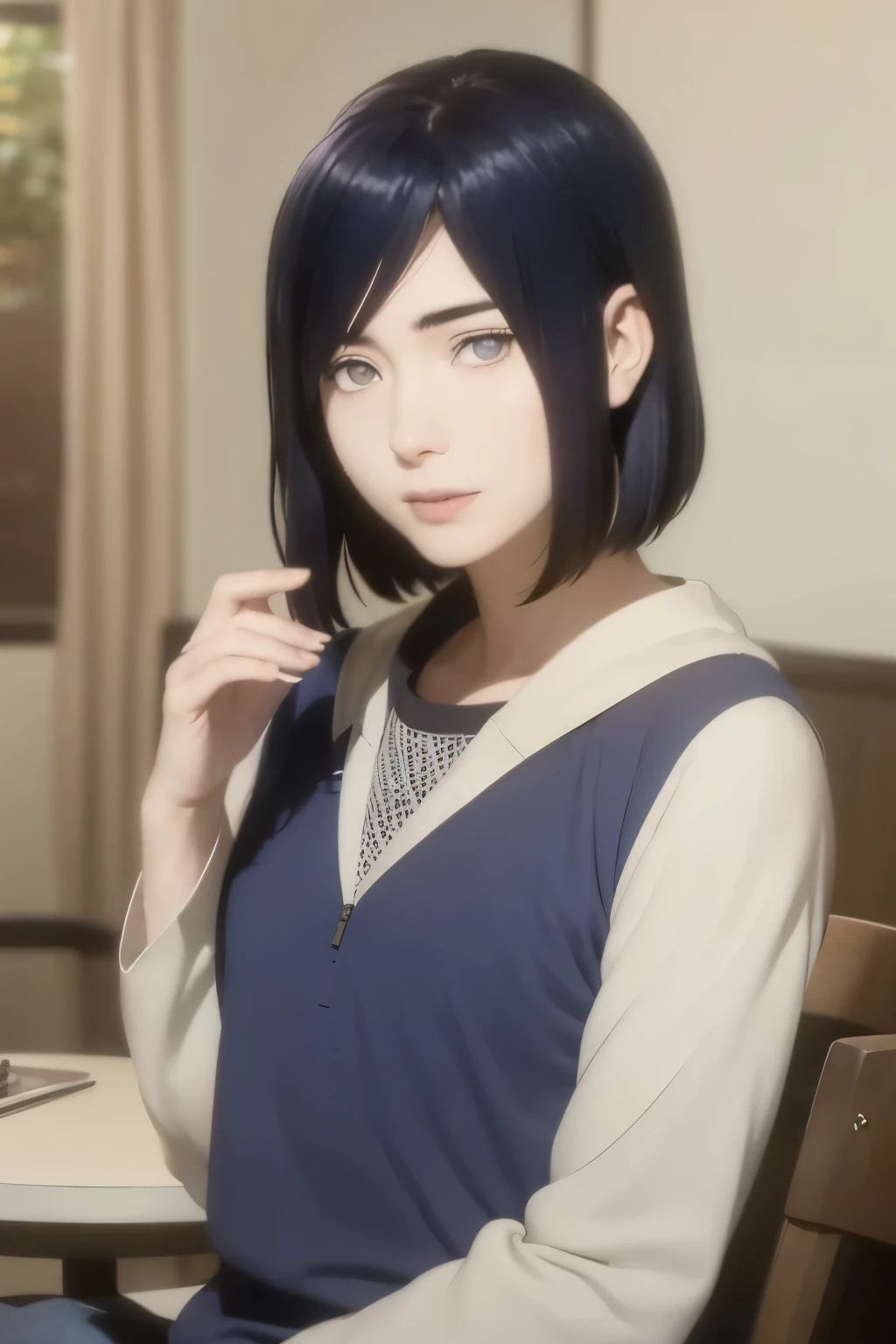 an hiperealistic shot of hinata(shippuden), ((izumi Nase)), Detailed eyes, short hair, straight hair, hair ornament,, (sweet woman), manwha style, ((happy)), ((sweet)), ((delicated)), without bangs, ((navy hair))
((mature)), ((woman)), ((hiper detailed))