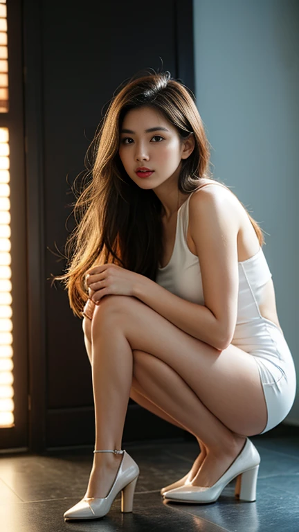 (8K High Resolution), (top-quality), (Raw quality),(masutepiece:1.2), (realisitic), (Photorealistic:1.37), ,Large eyes,long eyeslashes,(Live-action realistic style),The Ultimate Face,realistic light and shadow,Clear facial features,,Fair skin, ),Best portraits,Shooting at close range, 1 rapariga, Cute,Beautiful detailed eyes,highlydetailed skin,(Beautiful face with double eyelids), (Realism: 1.4),((Full body image)) ,Detailed and beautiful face,,Women around 20 years old,(Beautiful Face 1.4),Middle hair,((Japan woman in business suit)),(Make eye contact with your audience),red lipsticks,Limping around the eyes,(Laugh a little),In the tropical jungle,The skirt is rolled up.、Panties look perfect..,Pastel colors panties,I love showing my panties to my viewers,Show your panties to your audience,Beautiful face reflected in the light,red lipsticks,Limping around the eyes,Very beautiful feet are attractive,