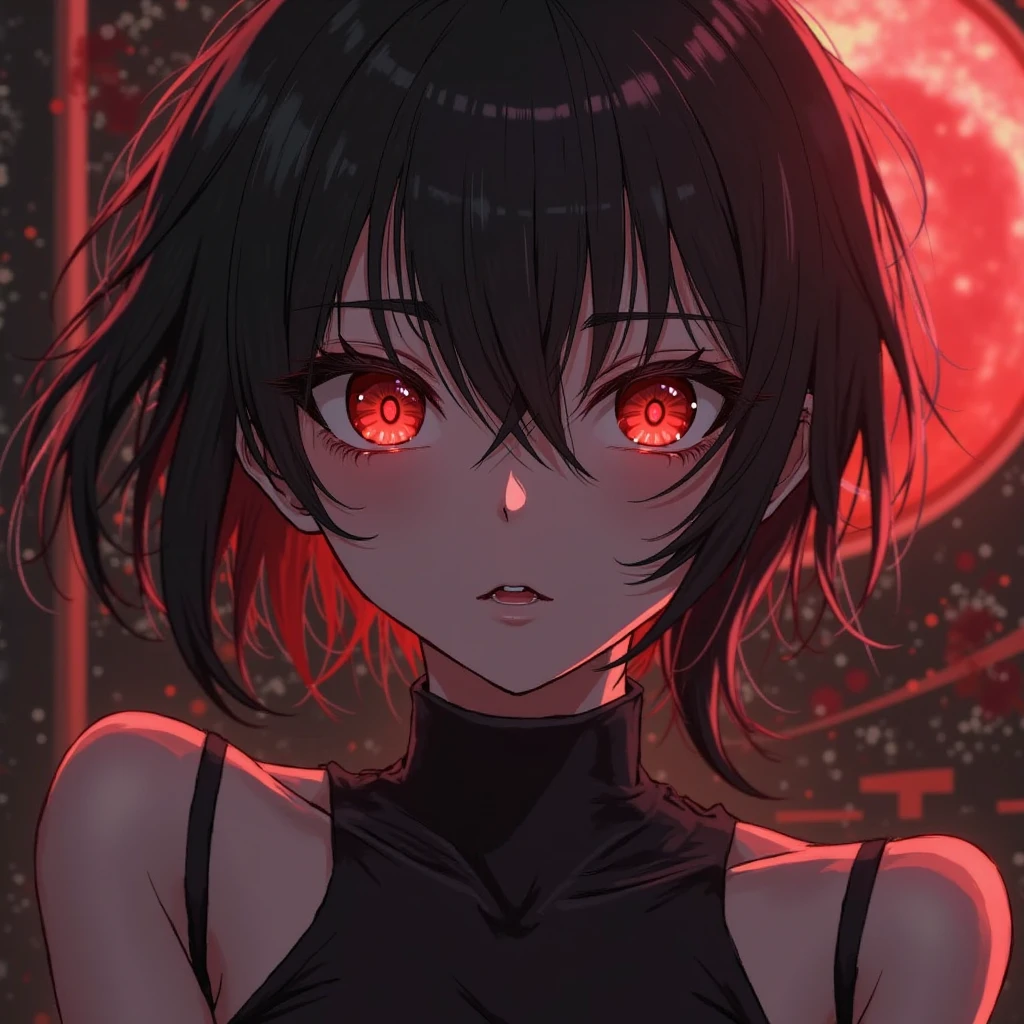 1girl,black hair,golden eyes,glowing eyes,Valiant face,sharp eyes,shirt hair,big ,tight shirt,black shirt,stars,sky background,night sky,golden eyes,short hair,black hair,tight shirt,sexy nippls