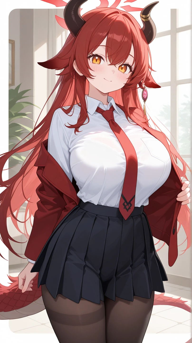 Heart-shaped pupils, Cute girls, Big breasts, only, Red hair, Long whitish hair, Being red in the face, Long skirt with blue school uniform, Black socks above the knee