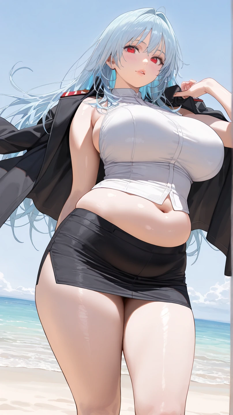 A sexy Asian Russian girl beautiful cute big breast long wavy dark blonde hair her round gray eye eyelash thin black pink lip soft cheeks she dresses dark gray top long sleeve shows navel and short gray pants pair of polar blue socks black snow boot