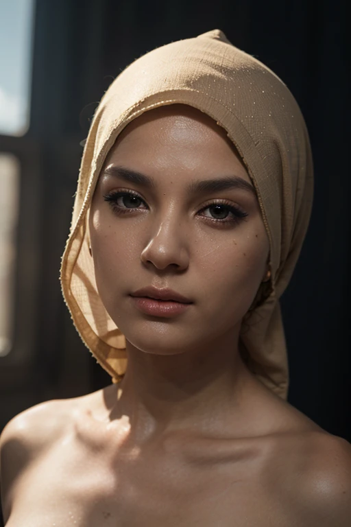 An indonesian young woman wearig hijab nude, selvie portrait style hyper realistic