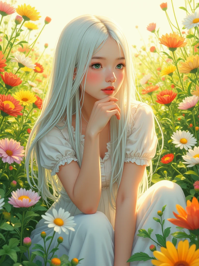 (masterpiece, Best Quality),1 girl with long white hair sitting in a field of green plants and flowers, his hand under his chin, warm lighting, White dress, blurred closeup