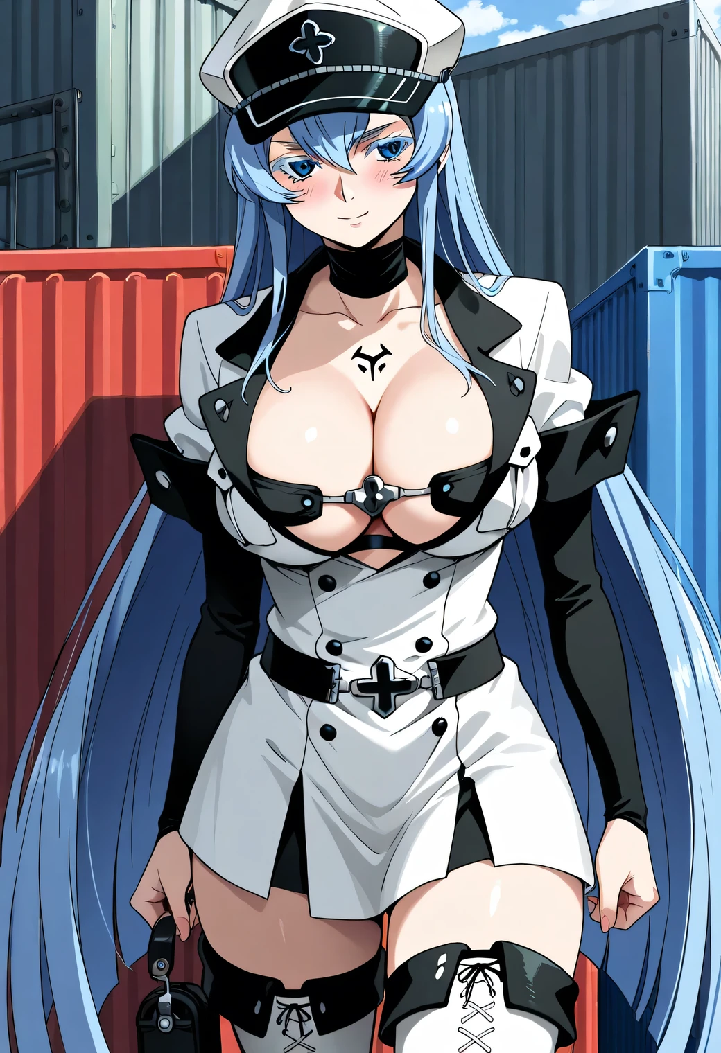 Best Quality,8K,high resolution,masterpiece:1.2), (ultra detailed), (NSFW not safe for work art), (Esdeath) (Akame ga kill setup), (pose Sexual), (realist,photorealist,photo-realist:1.37), (HDR,HD), (portrait), (vivid colors), (long legs), (clearly elongated face), (Hermosos detailed eyes), (deep eyes), (beautiful detailed lips), (extremely detailed eyes and face), bright blue eyes, Dynamic angle and posture, soaked in sweat, perspiration, undressing (long eyelashes), (long light blue hair), (sharp focus), (physically based rendering), (big breasts) (open legs), (intense), (expression of intense desire), (Motion blur), (elegant), (slim figure), (anime inspired), (bright lights), (Sexual), (contrasting colors), (mysterious atmosphere), (action packed scene), (Unique style), (striking), (Handsome), (evocative), (expressive), (Intriguing atmosphere), (giant breasts:1.2) ((Best Quality)),((Very detailed)),masterpiece,absurdities,detailed face,beautiful face,(detailed eyes, deep eyes),(1 girl),((dynamic pose)