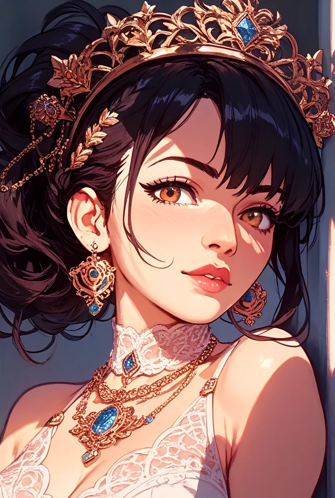 absurd, 8K, high resolution, ultra detailed, beautiful, masterpiece, best quality, very pretty woman, young, (hot lingerie:1.6), sexy, (very large breasts:1.4), Detailed woman's face, tsukuyo, scar on cheek, folded ponytail, hair ornament, purple eyes, 