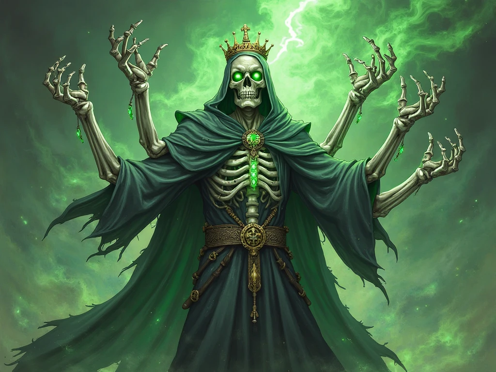 Draw an evil wizard, with eyes that glow green, thin-faced with dry skin, almost a skeleton, wearing black and gold robes and a black crown with red jewels