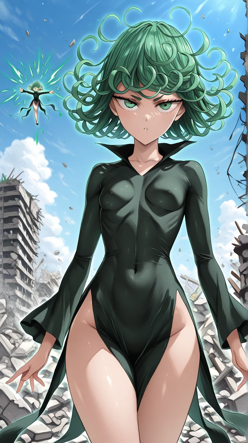 (masterpiece, best quality), intricate details, 1girl, iom, pelvic curtain, floating, short hair, black dress, small breasts,colored,((green eyes,green hair:1.2)), manga panels, outdoors, city, broken buildings, debris,((nude,naked:1.2)),((full body))