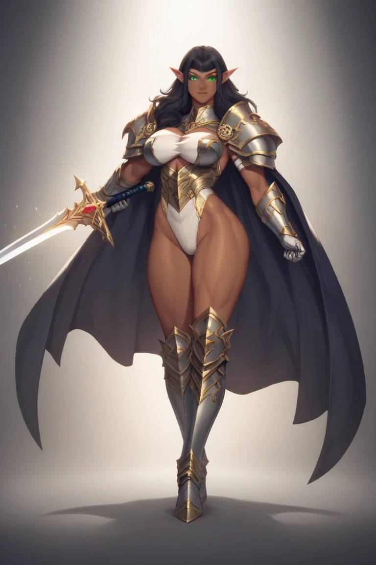 (masterpiece:0.8, Best quality:1.5), difficult:1.8, (((((ONE giant golden sword, luminous, engraved)), flower field, night, bright moon, stars, Fujifilm, 8K, depth of field, hips))), BREAK; female paladin (((Kiki Minaj))), (((drow))), BLACK WOMAN, Beautiful faces, Large angel wings, medieval armor black chrome, bare chest, standing nipples, Pubic hair, right hands, hairy pubis, full length