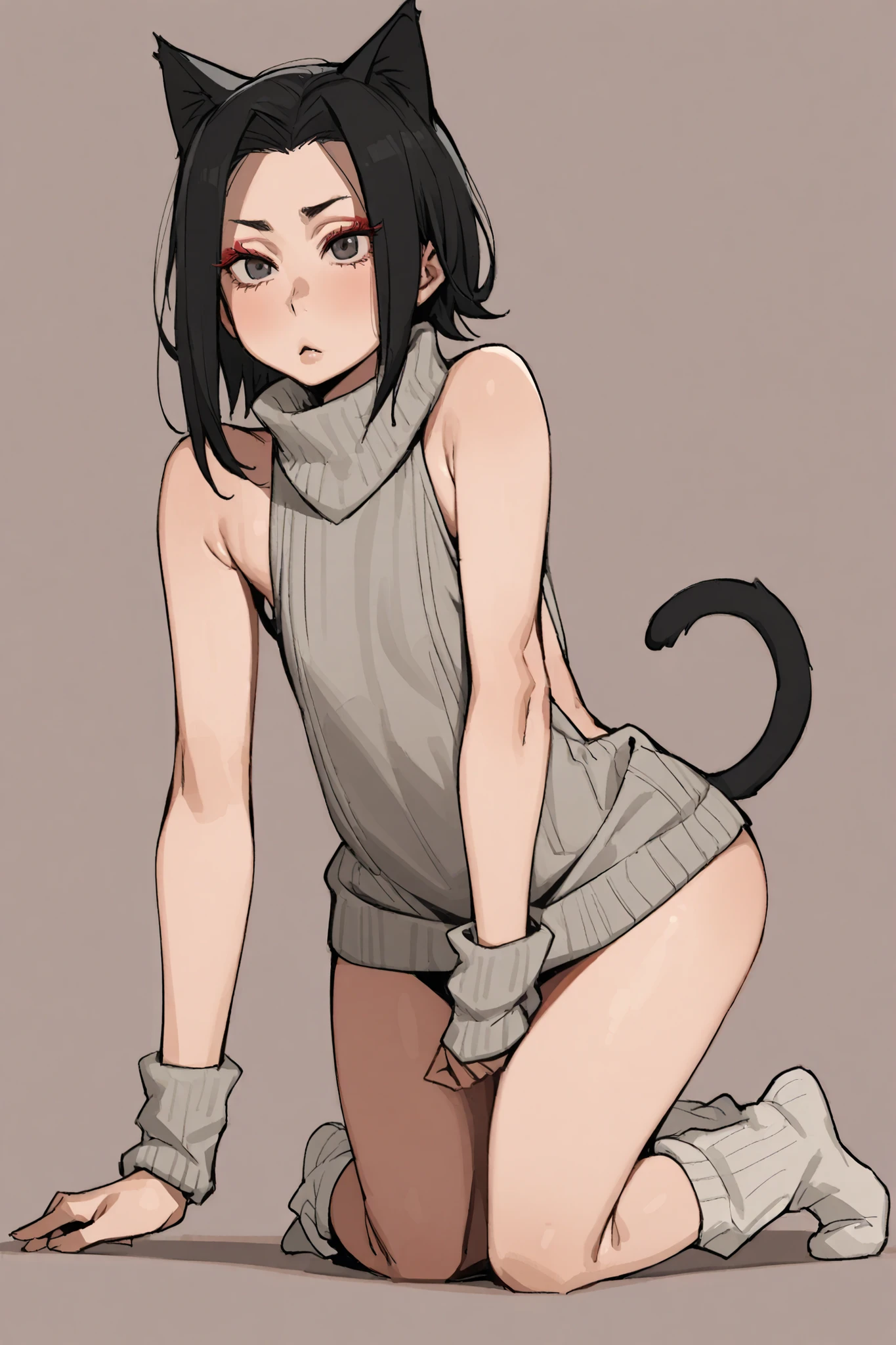 1 plumb boy, loose black hair, bowl hair, cat ears, cat tail, voluptuous, flat chest, black virgem destroyer sweater sleeveless, loose socks, red eyelashes, simple background, on all fours