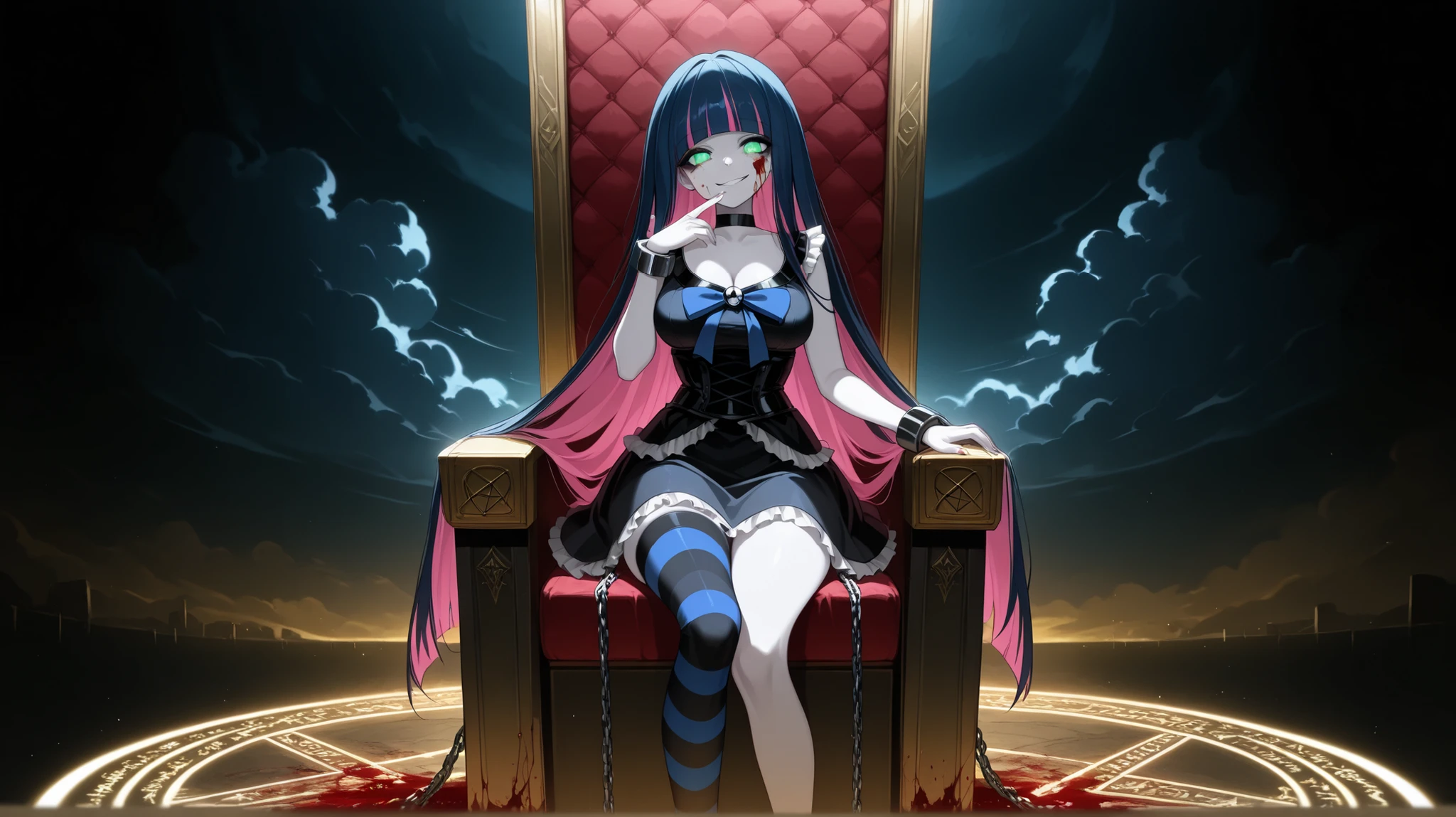 stocking (psg) a beautiful girl holding sword with a creepy face standing in a dark room, finger to mouth, dark room with a throne and a light, her hands on the chains. and her clothing is torn, blood splatters all around her, she is wearing a black choker around her neck and black cuffs on her wrists. background with a pentagram, magic circle, 1girl, solo, unrivaled beauty, square bangs, gapmoe yandere, black eyeshadow, very long hair, two-tone hair, cleavage, smirk, green eyes, glowing eyes, long dark-blue hair, colored inner hair pink hair, ribbon, She wears blue-black stripped stockings, single thighhighs, medium breasts, blood on face, gold chains, pale skin, grin, creepy smile, grimdark, hair between eyes, gothic ta style, groin, good-looking, lace trim, miniskirt, taut clothes, fingernails, cloudy sky, (beautiful detailed eyes),Textured eyesStylistic eyes, make up, perfect hands, perfect face, ufotable,detailed, ,dark,gothic,dark theme