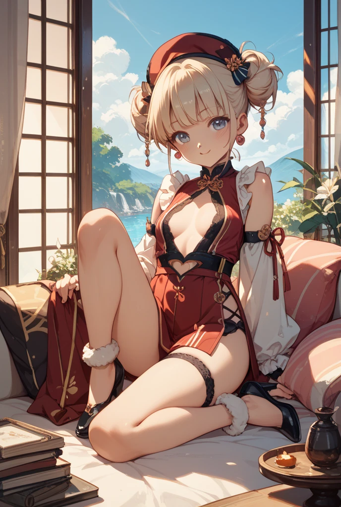 ((Highest quality)), ((masterpiece)), (detailed), the cartoon girl is sitting on the couch wearing a pink outfit, 1girl, 独奏, thighhighs, twintails, pelvic curtain, white thighhighs, double bun, medium breasts, long hair, lightbrown hair, blush, blue eyes, looking at viewer, chinese clothes, sitting, spread legs, open mouth, tongue out, naughty face, erect nipples, cameltoe, sweat