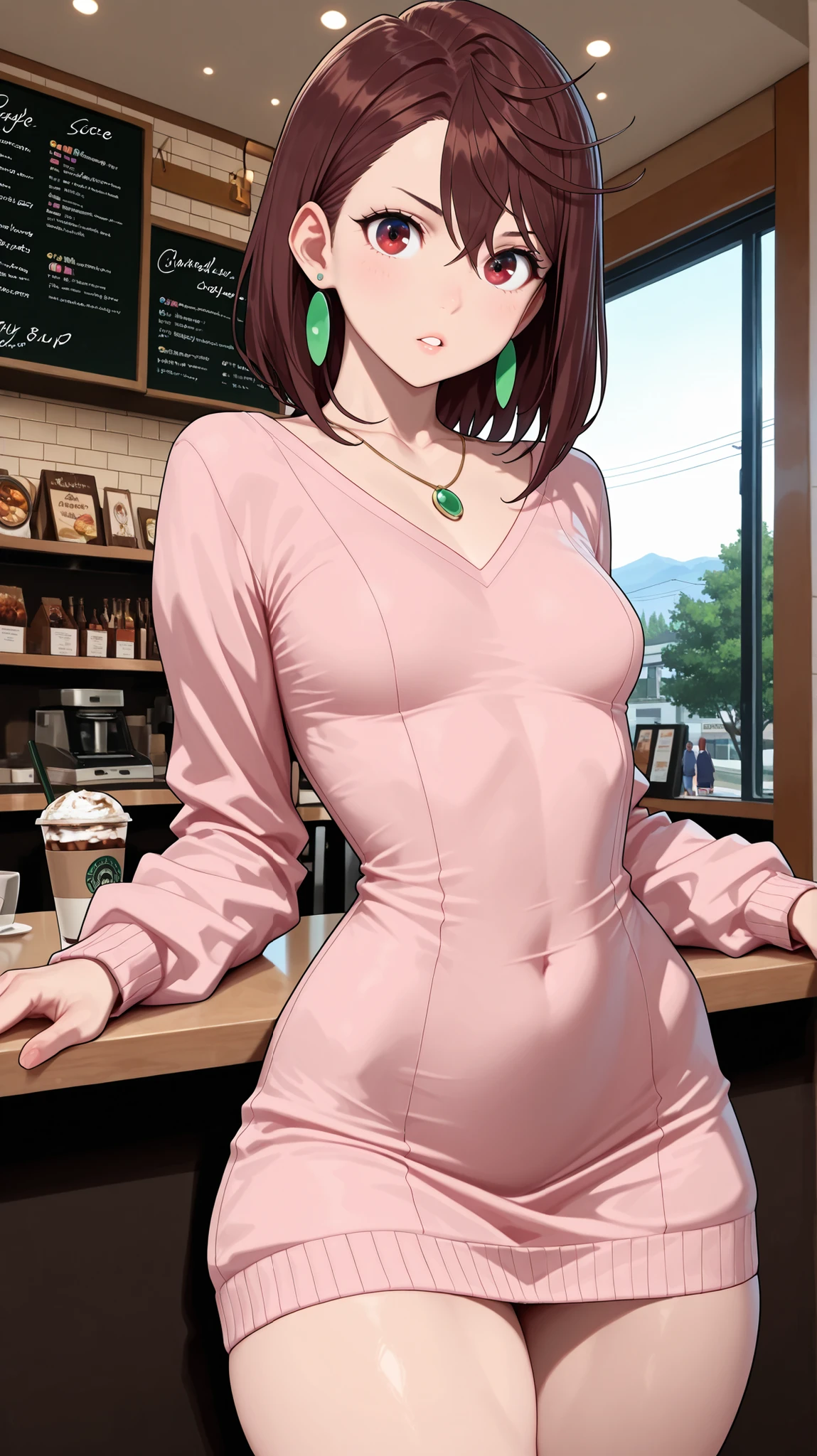 score_9, score_8_up, score_7_up, 1lady, Momo Ayase (Dandadan), Ayase Momo, perfect eyes, perfect face, small breast, medium breast, brown hair, red brown eyes, perfect attractive curvy slim body, charming beauty, gorgeous body shapes, big hips, thick thighs, solo (Sexy Photoshoot), (Masterpiece, Best Quality) ,
pink fuchsia sweater dress, long sleeves, necklace,
Charming beauty, looking at viewer, parted lips,
dynamic pose, sexy pose, neer a bay windows,
indoor, bay windows background, daylights, windows, in a coffee shop, trees, street in second plan,